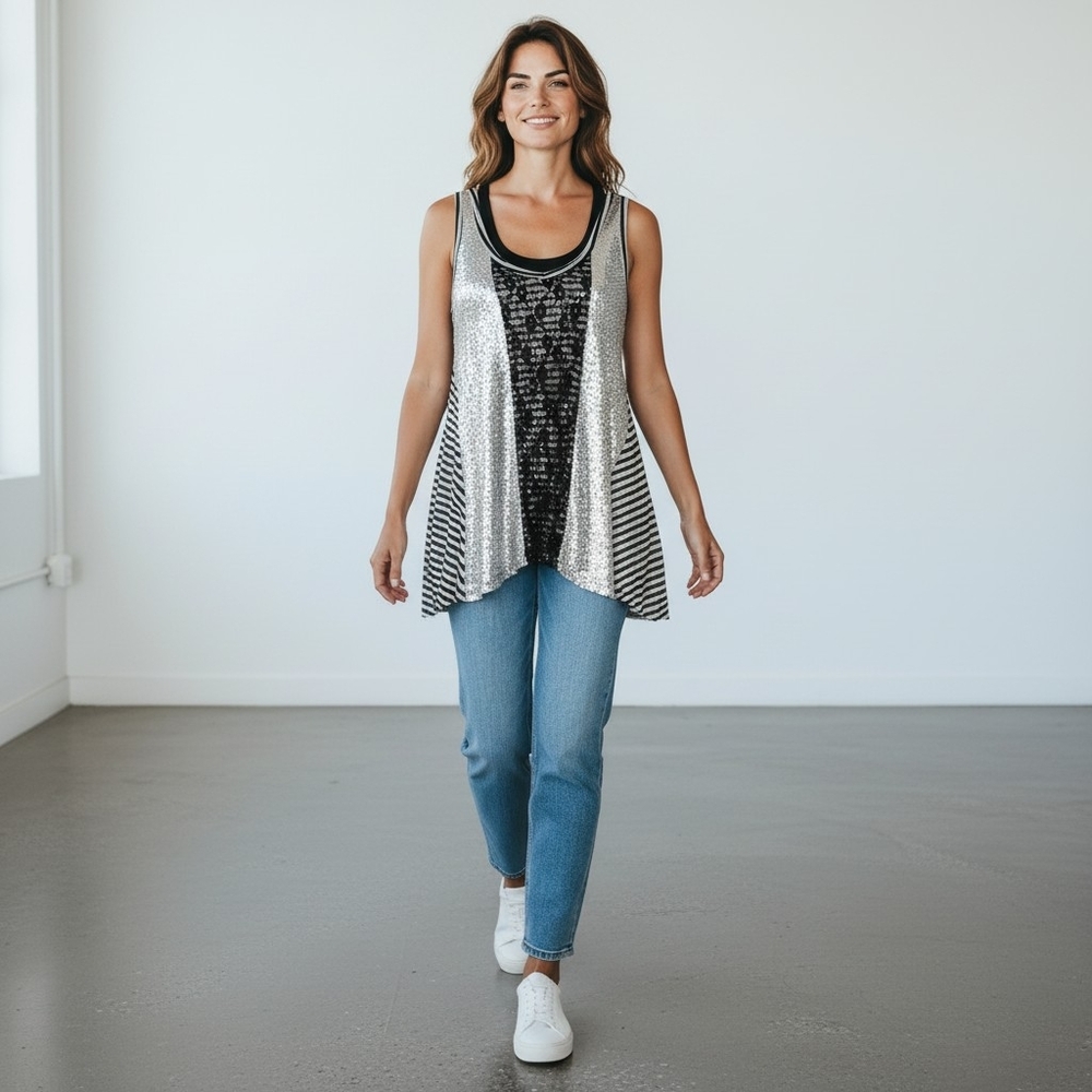 Daytrip Women's Black Gray Stripes Sequins Glittery Lace V-Neck Tank Top Size M